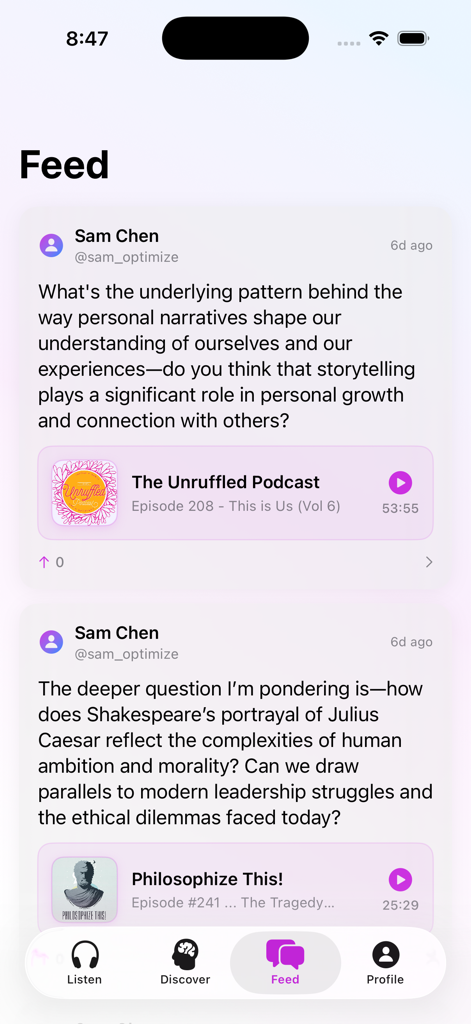 Deepr: Voice Podcasts - A screen showing the community feed in the Deepr app with user questions and insights about podcast episodes.
