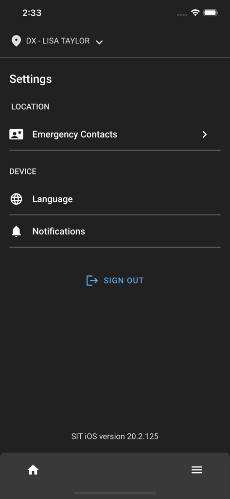 Gordon Now - Settings screen of the Gordon Now app featuring emergency contacts language and notification settings