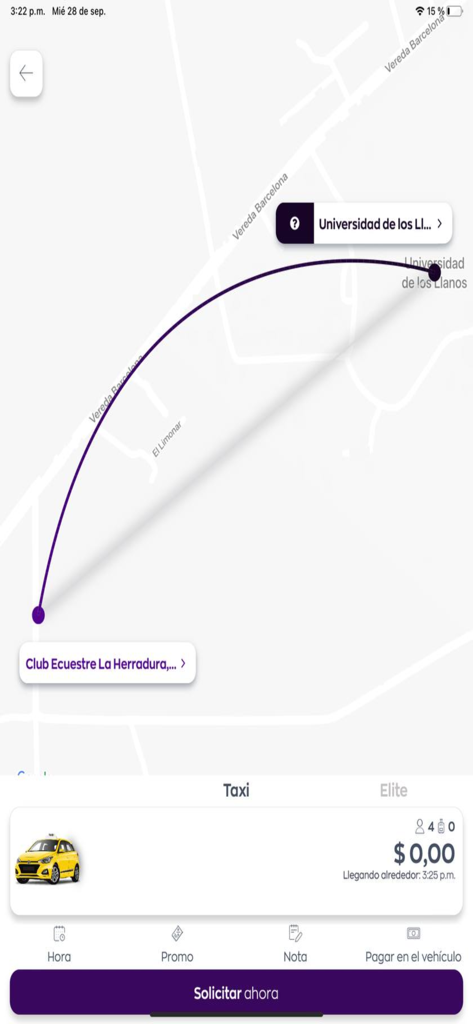 Taxi Estrella Villavicencio - Taxi Estrella Villavicencio Mobile App-Oberfläche, die eine Taxiroute auf einer Karte und eine Anforderungsschaltfläche anzeigt