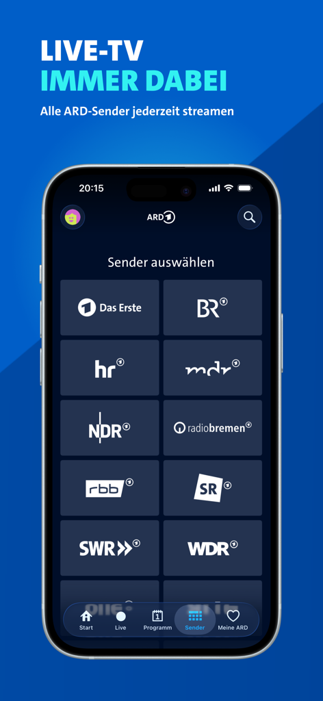 App mobile ARD Mediathek che visualizza una selezione di canali TV pubblici tedeschi per lo streaming live