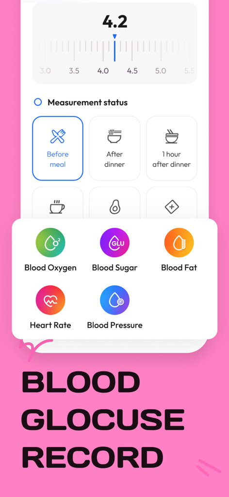 HeaBP Blood Pressure & Pulse - Mobile screen of the HeaBP app showing blood glucose recording options and health metric icons
