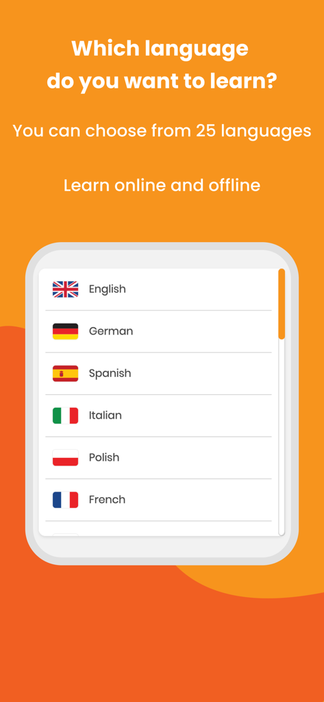 SuperMemo – effective learning - Language selection screen in the SuperMemo app showing a list of available languages like English, German, and Spanish with their respective flags.