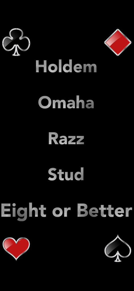 Poker Odds Helper - ホールデム、オマハ、ラズ、スタッド、エイト・オア・ベターのポーカーバリアントがリストされた、ポーカー・オッズ・ヘルパー・アプリのメインメニュー画面