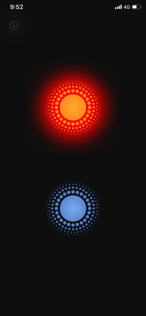 Glowing red and blue circles on a black background representing finger placements in the Finger Picker app.