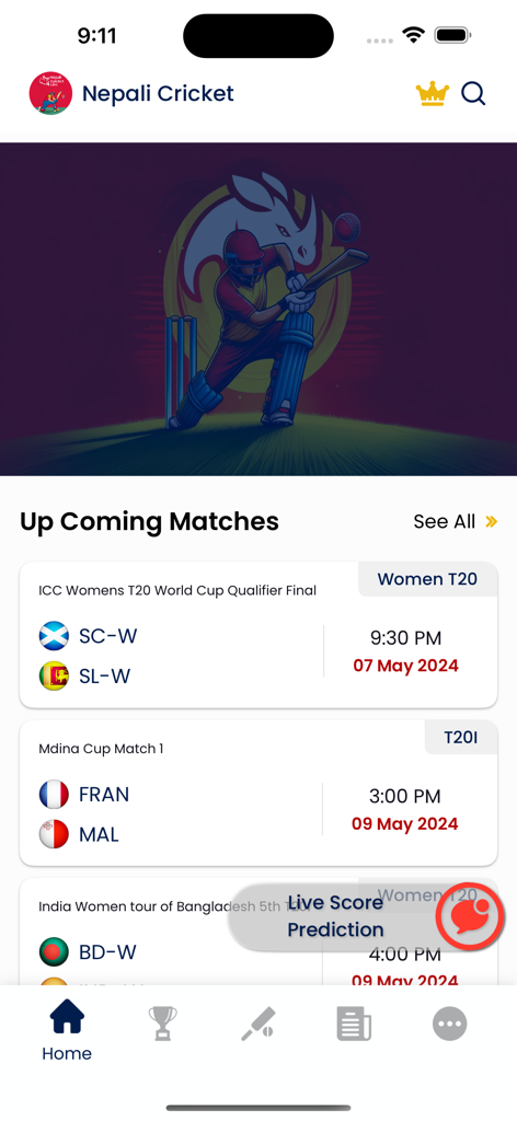 Live Star Sports - Live Star Sportsアプリのインターフェースに、今後のクリケットの試合とスケジュールが表示されています