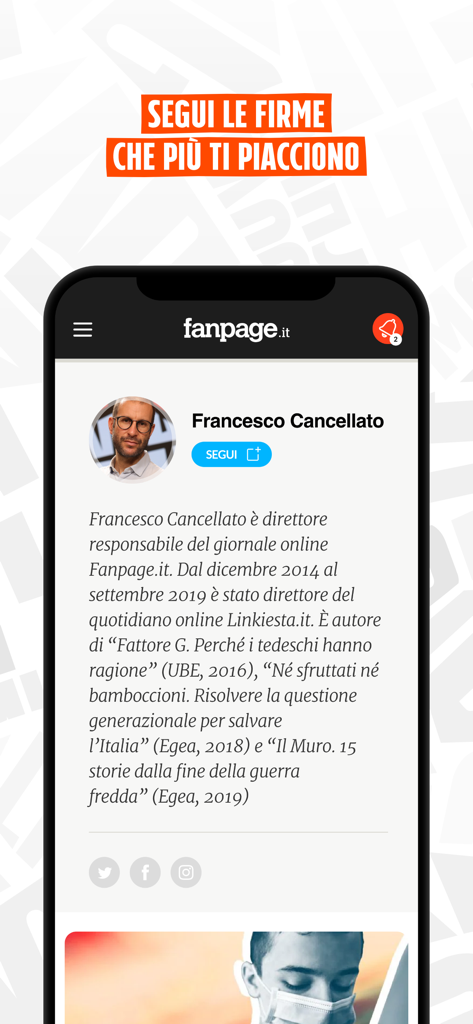 Fanpage - Profile page of a journalist in the Fanpage app with a button to follow their news updates.