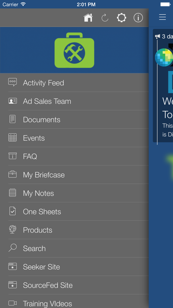 Discovery Events 2.0 - Navigation menu of the Discovery Events 2.0 app showing options for Ad Sales Team, Documents, and One Sheets.
