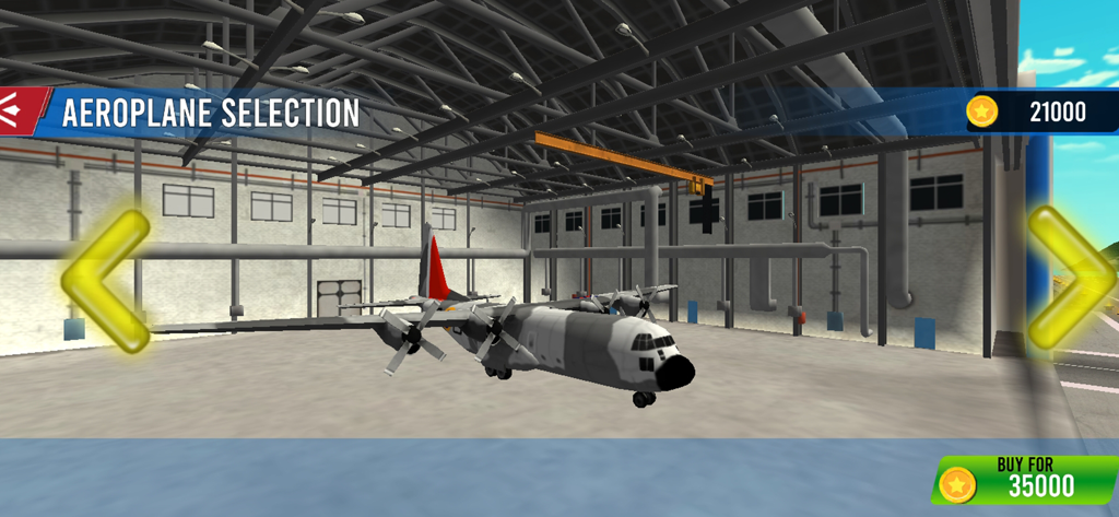 Pantalla de selección de avión mostrando un avión de carga dentro de un hangar.