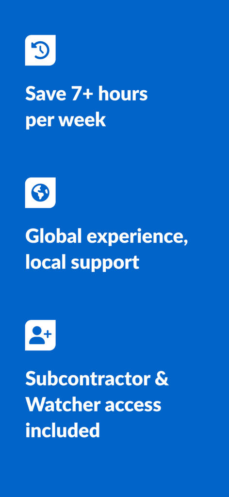 PlanRadar Construction Manager - Infographic showing PlanRadar app benefits including saving 7 plus hours per week global support and included subcontractor access