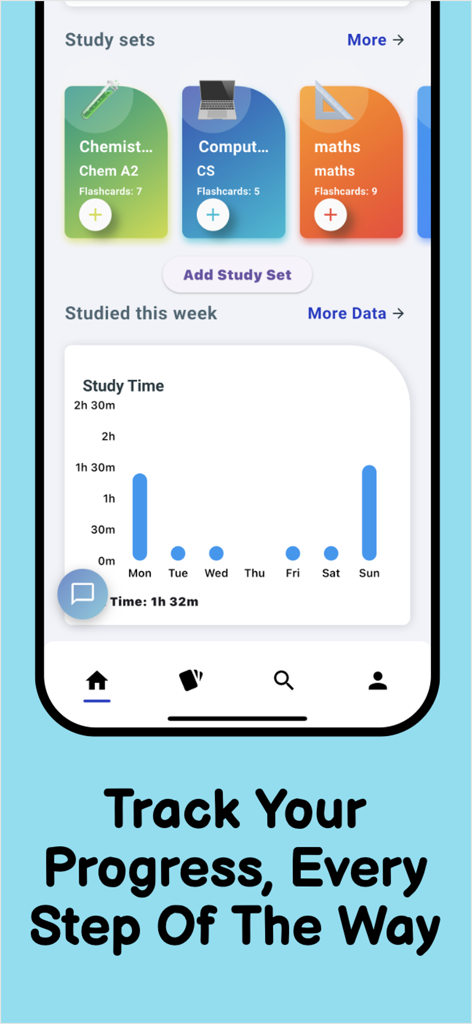StudyHub - Interfaccia dell'app StudyHub che mostra set di studio per materie come Chimica e Matematica insieme a un grafico di avanzamento settimanale del tempo di studio.