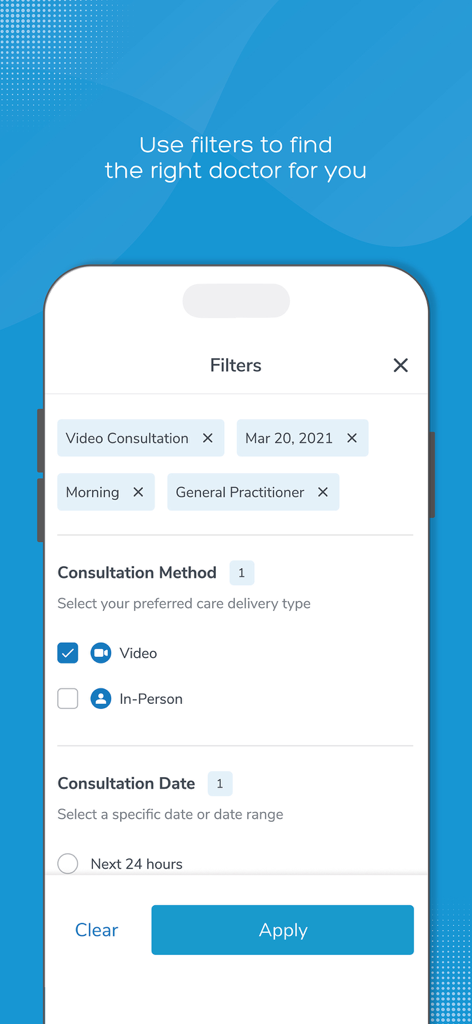 Écran de l'application mobile montrant les filtres de recherche pour choisir un médecin par méthode de consultation et par date
