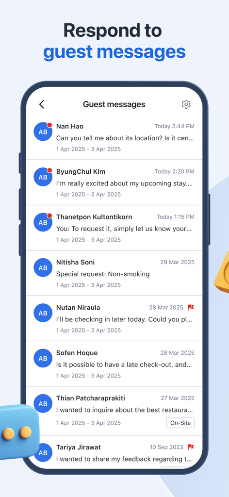 Agoda YCS for hotels only - Interface de l'application Agoda YCS affichant une liste de messages clients pour les gestionnaires d'hôtel