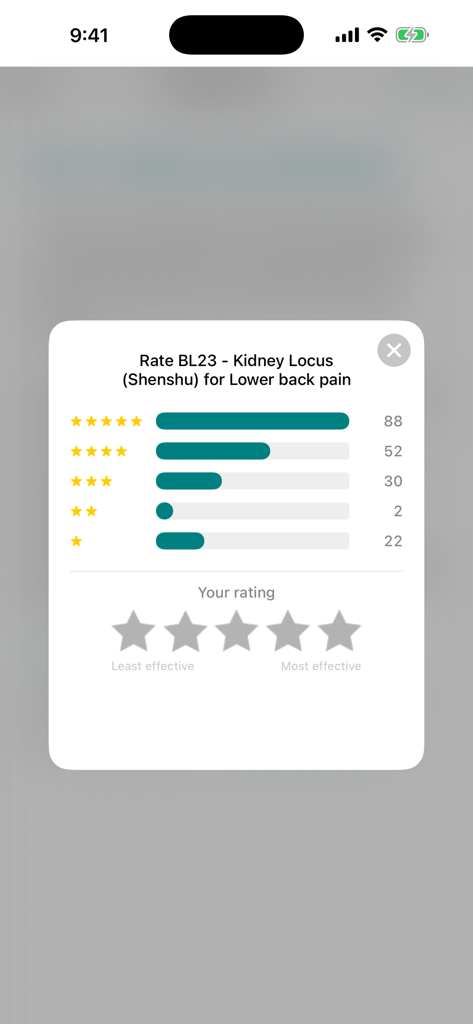 Massage Map 3D - A popup interface in the Massage Map 3D app showing community effectiveness ratings for the BL23 acupressure point for lower back pain.