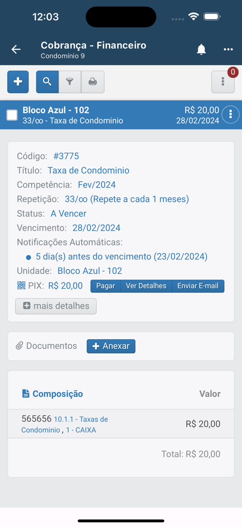 Seu Condomínio - Tela financeira do aplicativo Seu Condomínio mostrando detalhes de uma taxa mensal de condomínio, incluindo status e data de vencimento