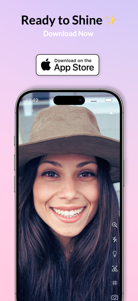 Pocket Mirror: HD Light & Zoom - iPhone zeigt die Pocket Mirror App mit einer klaren Spiegelung einer lächelnden Frau