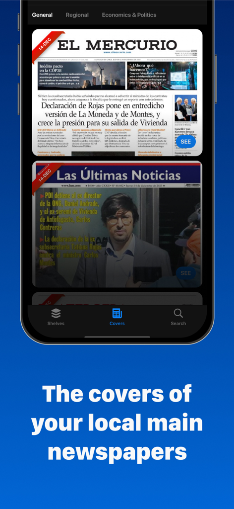 Mobile app interface displaying front page covers of major Chilean newspapers