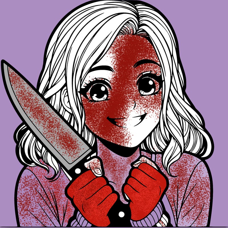 a realistic girl holding a knife and grinning