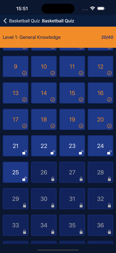 Level selection screen in Basketball Ultimate Quiz showing general knowledge trivia progress with locked and unlocked challenges.