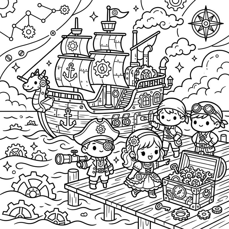 Dive into a whimsical world where adorable pirates meet futuristic gears in this unique Kawaii Steampunk coloring page. Bring to life a charming crew, their steam-powered ship, and a treasure chest brimming with mechanical wonders.