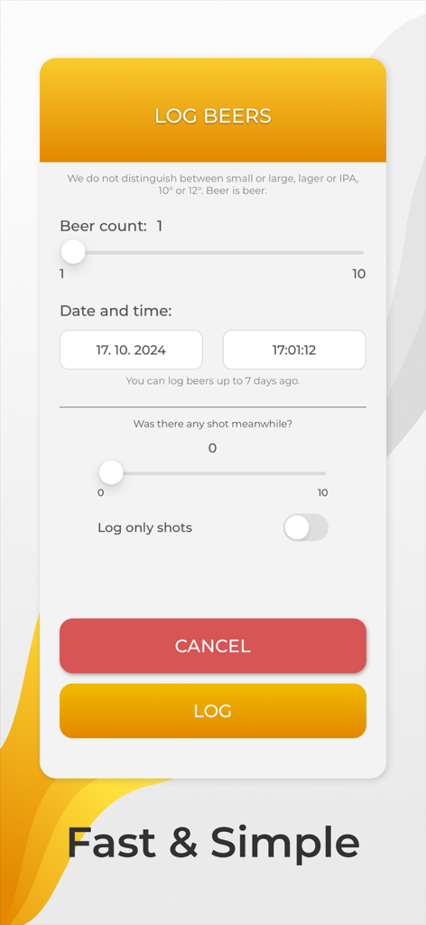 Beer Me In - Beer Me In app interface for logging beers and shots with simple sliders