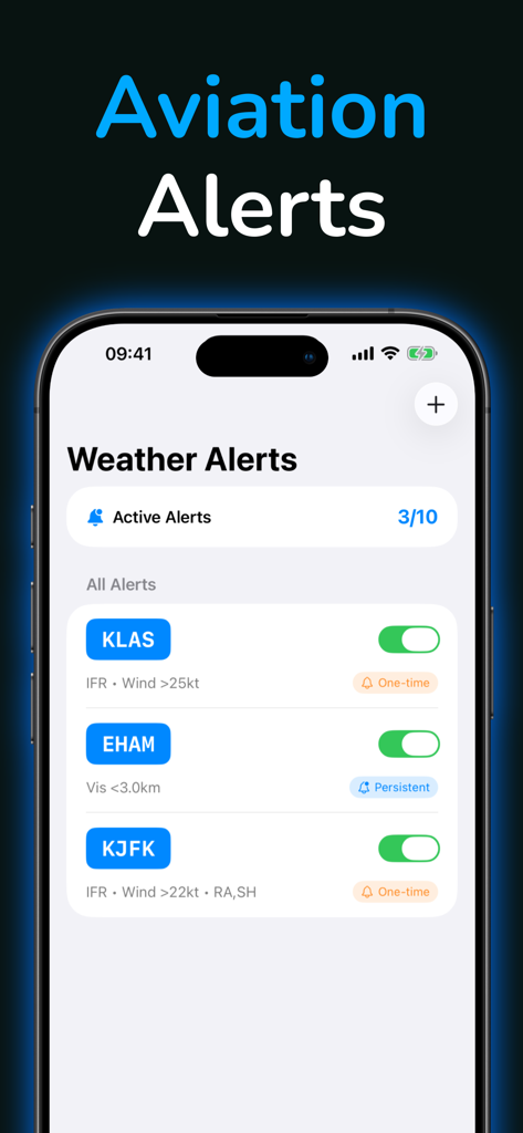 Interfaz de la aplicación AirportWX que muestra alertas meteorológicas para múltiples aeropuertos