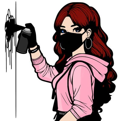 realistic girl with mask spray painting a wall