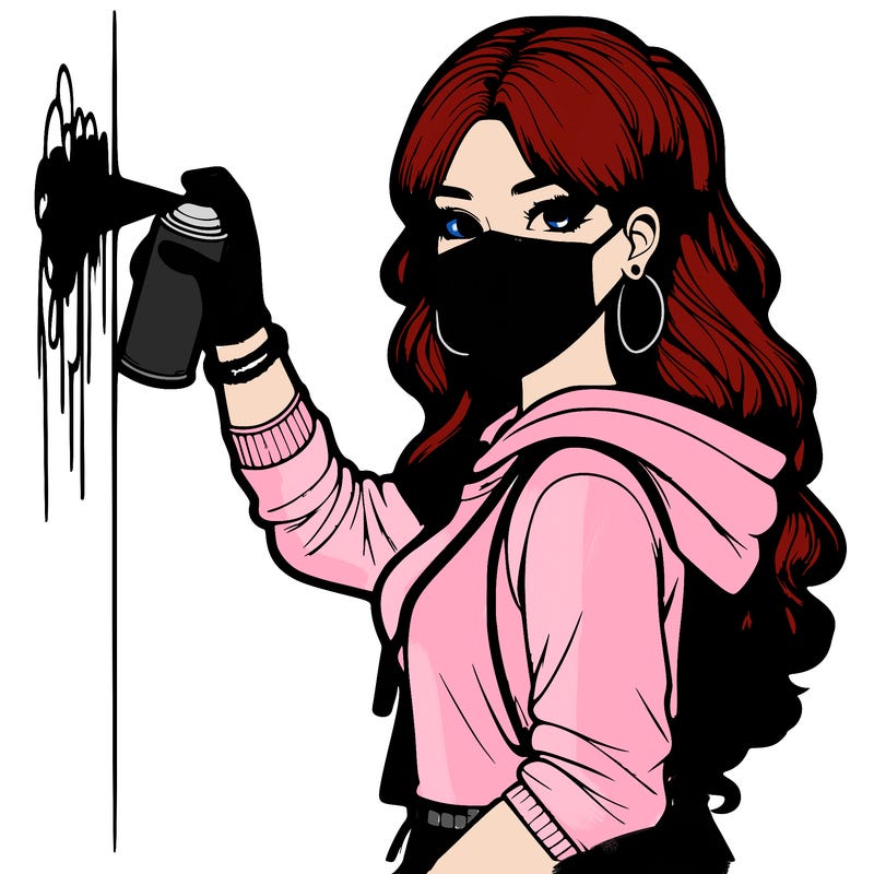 realistic girl with mask spray painting a wall