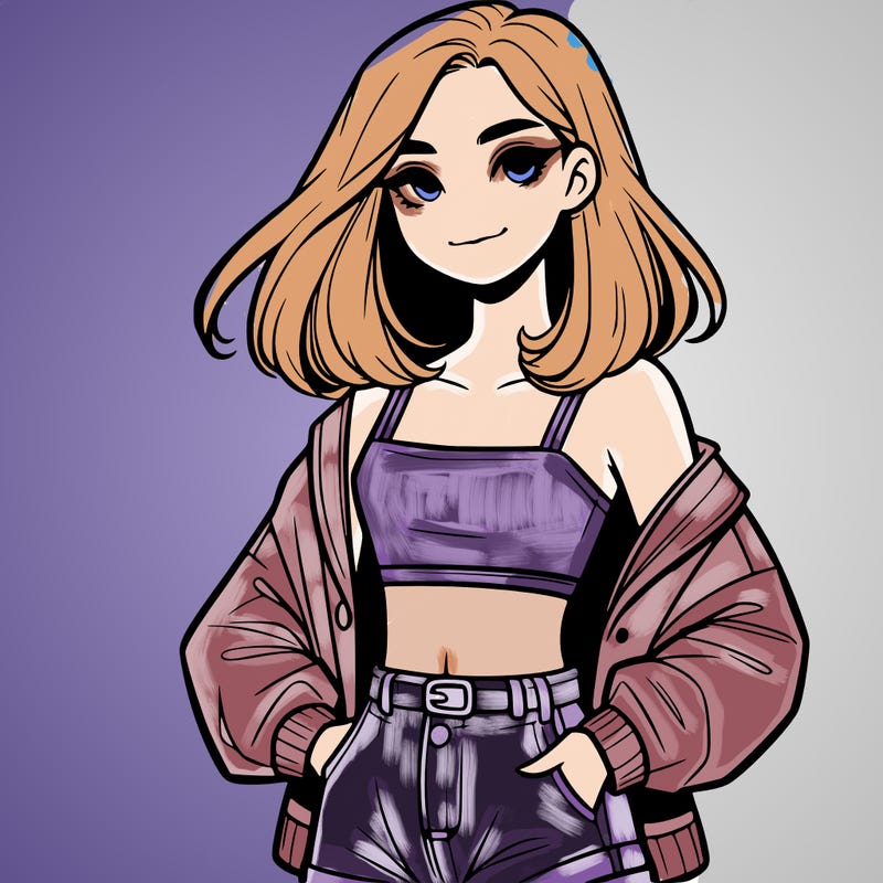 a realistic girl with a crop top and short shorts in an open jacket
