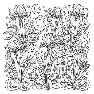 Dive into a wonderfully unique coloring adventure where the beauty of Siberian Irises meets the playful spookiness of Halloween. This intricate design offers a delightful challenge for colorists of all ages.