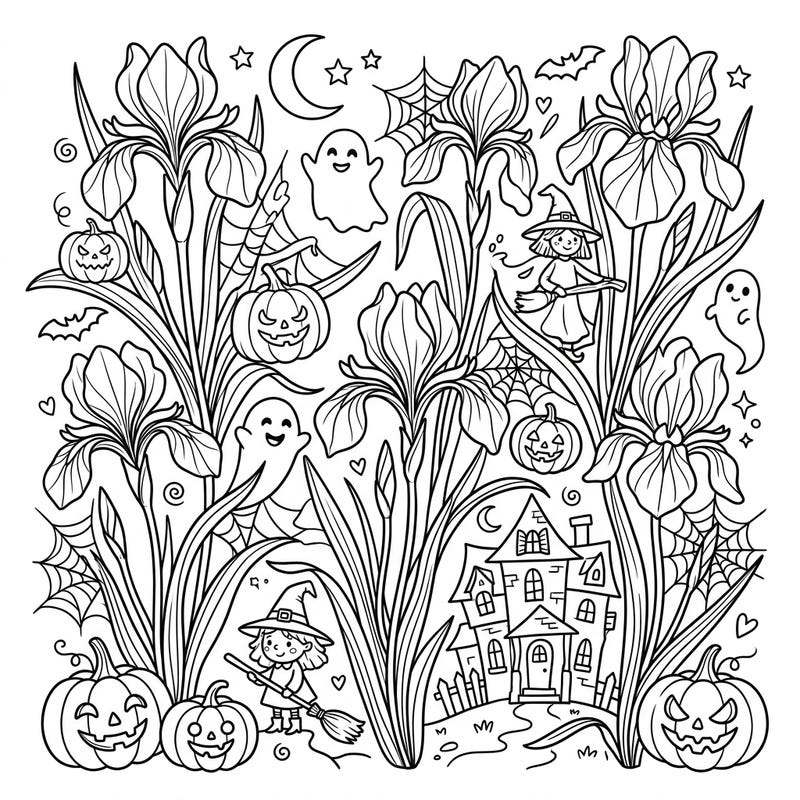 Dive into a wonderfully unique coloring adventure where the beauty of Siberian Irises meets the playful spookiness of Halloween. This intricate design offers a delightful challenge for colorists of all ages.