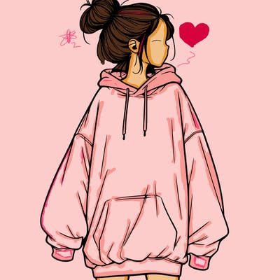 realistic girl with a oversized sweatshirt on and a bun