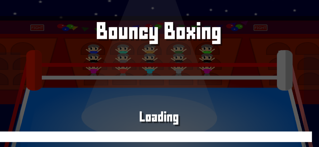Bouncy Boxing - Bouncy Boxing mobile game loading screen with a boxing ring and audience background.