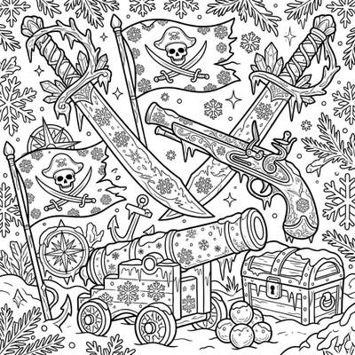 Set sail into a unique winter fantasy with this intricate coloring page featuring pirate weapons transformed by frost. Explore snow-dusted cutlasses, cannons, and a treasure chest, all nestled in a magical, icy landscape awaiting your artistic touch.