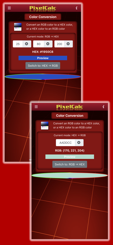 PixelCalc - PixelCalc app interface showing RGB and HEX color conversion screens for designers