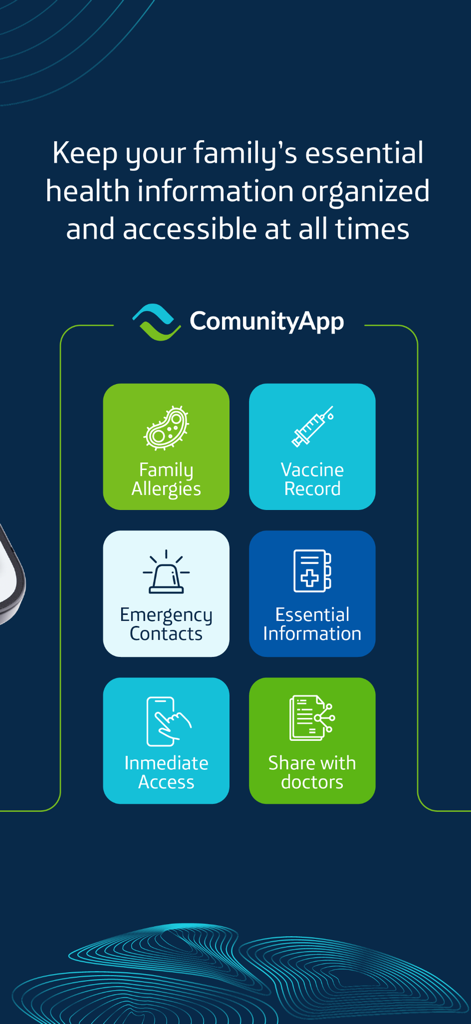 ComunityApp interface displaying medical record and family health management features
