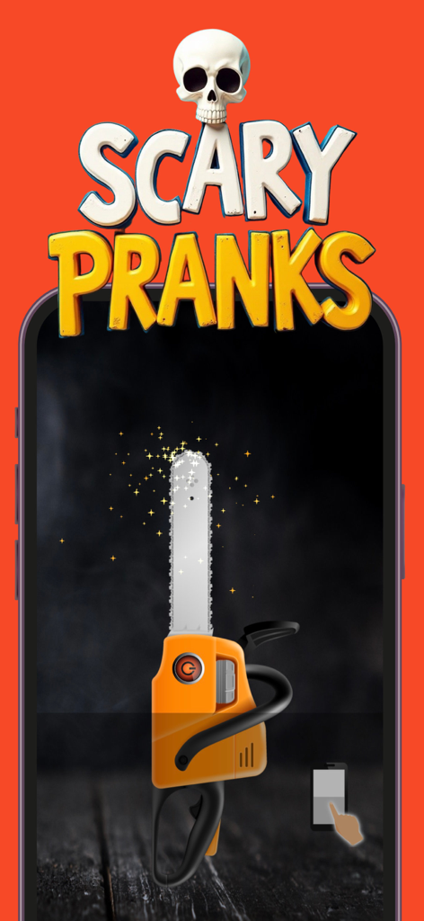 The Prank App - Funny Sounds - Smartphone screen showing a chainsaw sound effect feature under the title Scary Pranks with a skull icon
