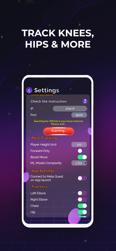 Driver4VR: Full Body Tracking - Settings screen of the Driver4VR app showing configuration options for full body tracking