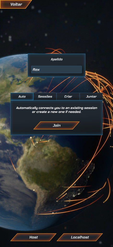 Project Xtreme - Menú de emparejamiento multijugador para el juego de carreras Project Xtreme con opciones de unirse a sesiones sobre un mapa global