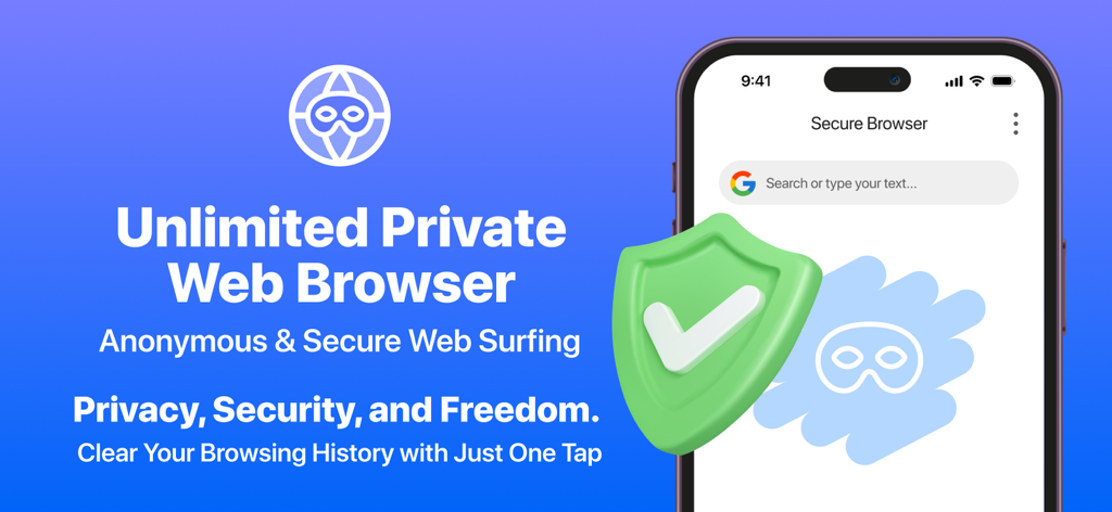 iProtect app promotional screen featuring the unlimited private web browser with a secure surfing shield and anonymous browsing options.
