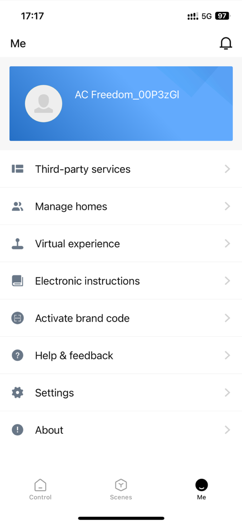 AC Freedom - The profile settings screen of the AC Freedom app showing options for managing homes and third party services