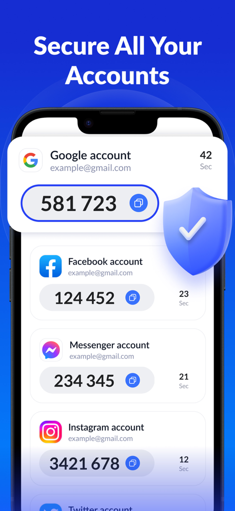Authenticator App - SafeAuth - SafeAuth Authenticator app interface displaying 2FA codes for Google Facebook Messenger and Instagram with a protective security shield icon