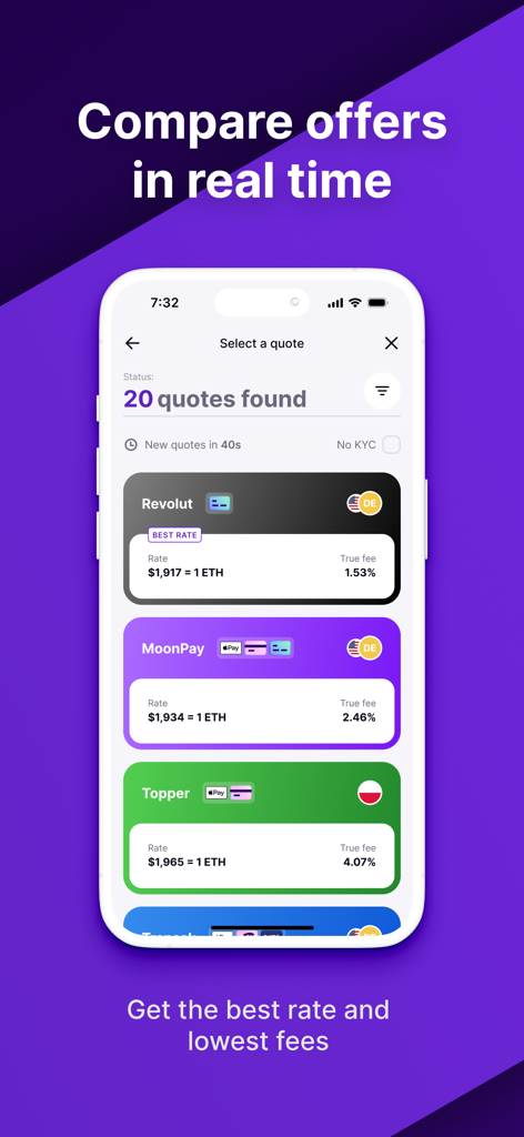 Coindisco app interface displaying a comparison of real-time crypto exchange rates and transaction fees from multiple providers.