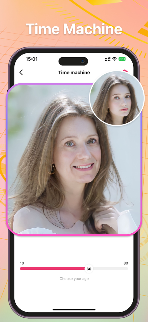 A mobile app screenshot showing the AI Time Machine feature which simulates a woman aging to sixty years old using a slider.