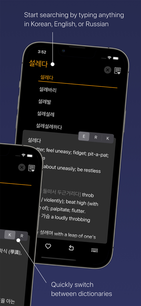 KoRuEn Pro 18-in-1 Dictionary - Screenshot of the KoRuEn Pro dictionary showing trilingual search and language switching features