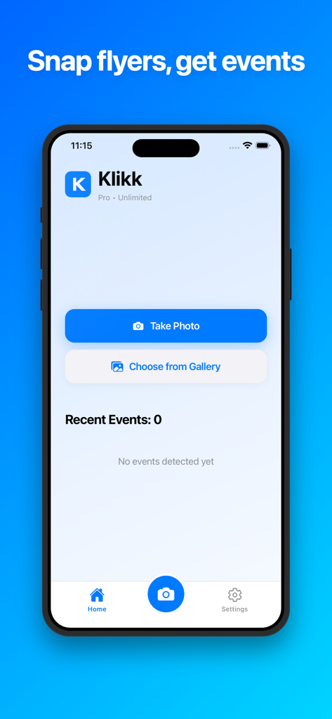 Klikk - Events - Klikk event scanner app home screen with take photo and gallery upload buttons