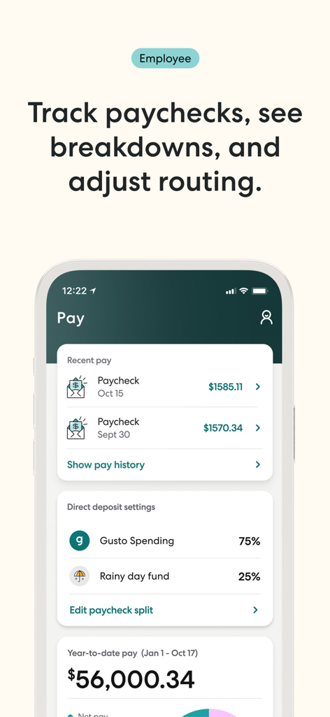 Gusto Mobile - Gusto Mobile app screen displaying employee paycheck history and direct deposit settings