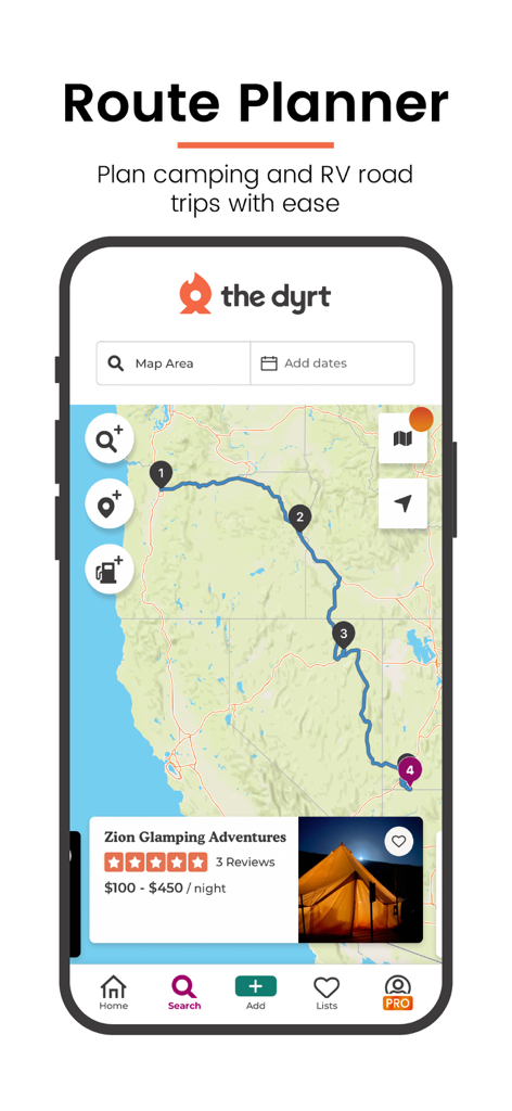 The Dyrt app interface showing the route planner feature with a mapped road trip and camping site recommendations