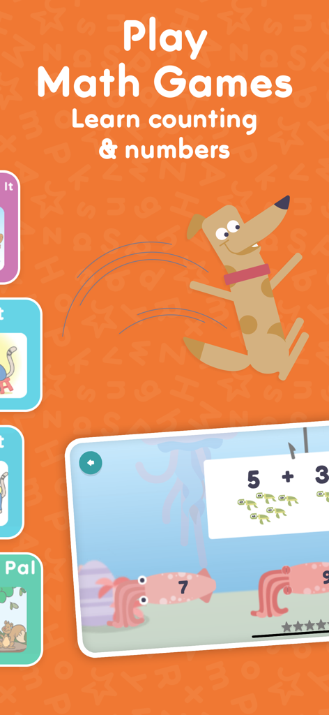 Hooked on Phonics app interface showing math games for children to learn counting and numbers with a cartoon dog and an addition problem