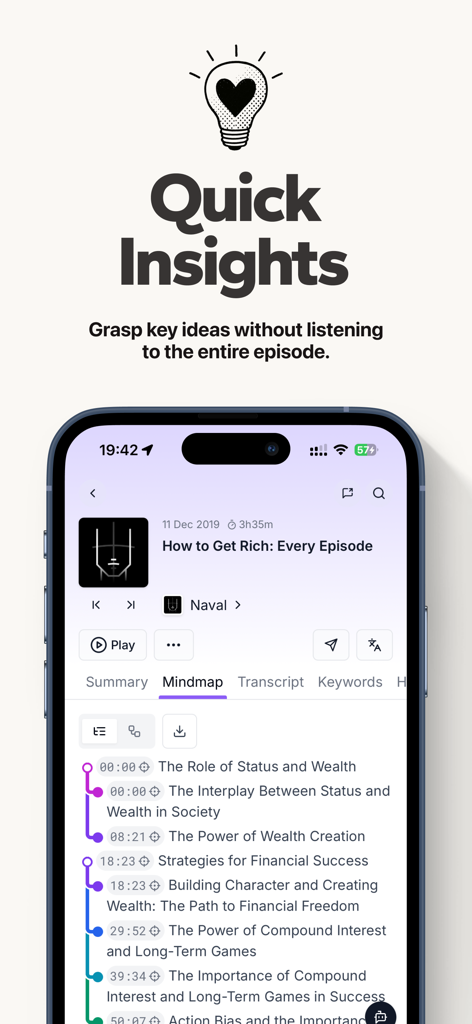 Podwise app interface showing a podcast mindmap with key insights and timeline for an episode