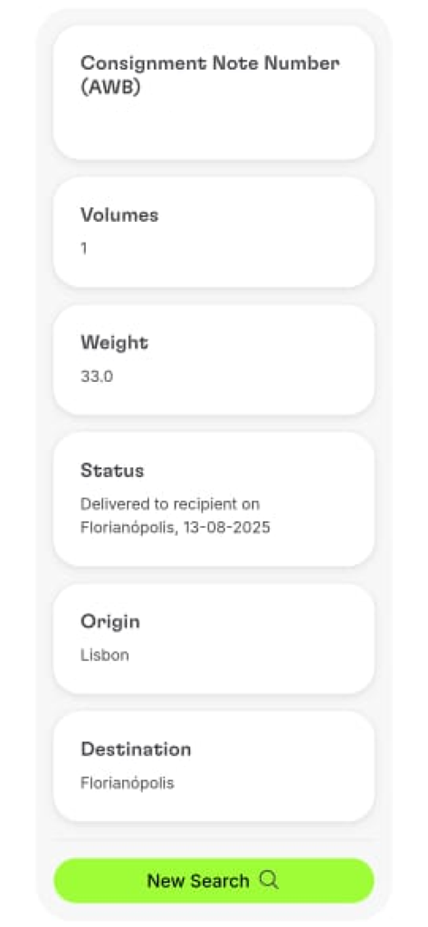 TAP Cargo 화물 추적 결과, 상태, 출발지 및 목적지를 보여주는 모바일 앱 화면